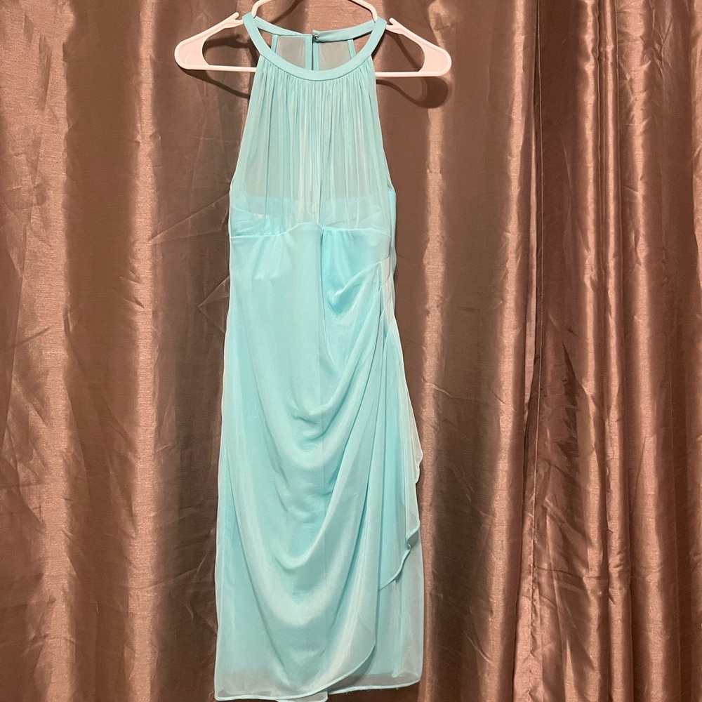 David's Bridal light teal color Sleeveless Ruched Tiered Cocktail Dress